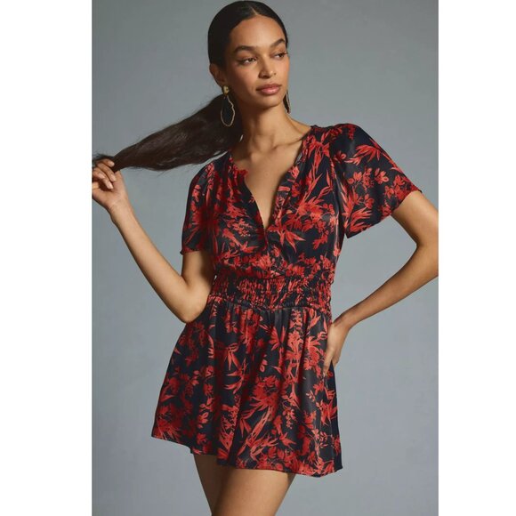 NEW Anthropologie The Somerset Romper Red Black Floral V Neck Pockets - Picture 2 of 6